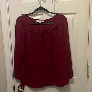 LOFT Tie Front Ruffle Neck Blouse Wine Medium